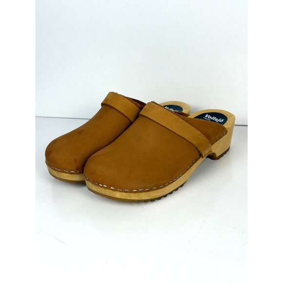 Vollsjo Swedish Design Brown Leather Wood Clogs Size 37 Slip On - Picture 1 of 6